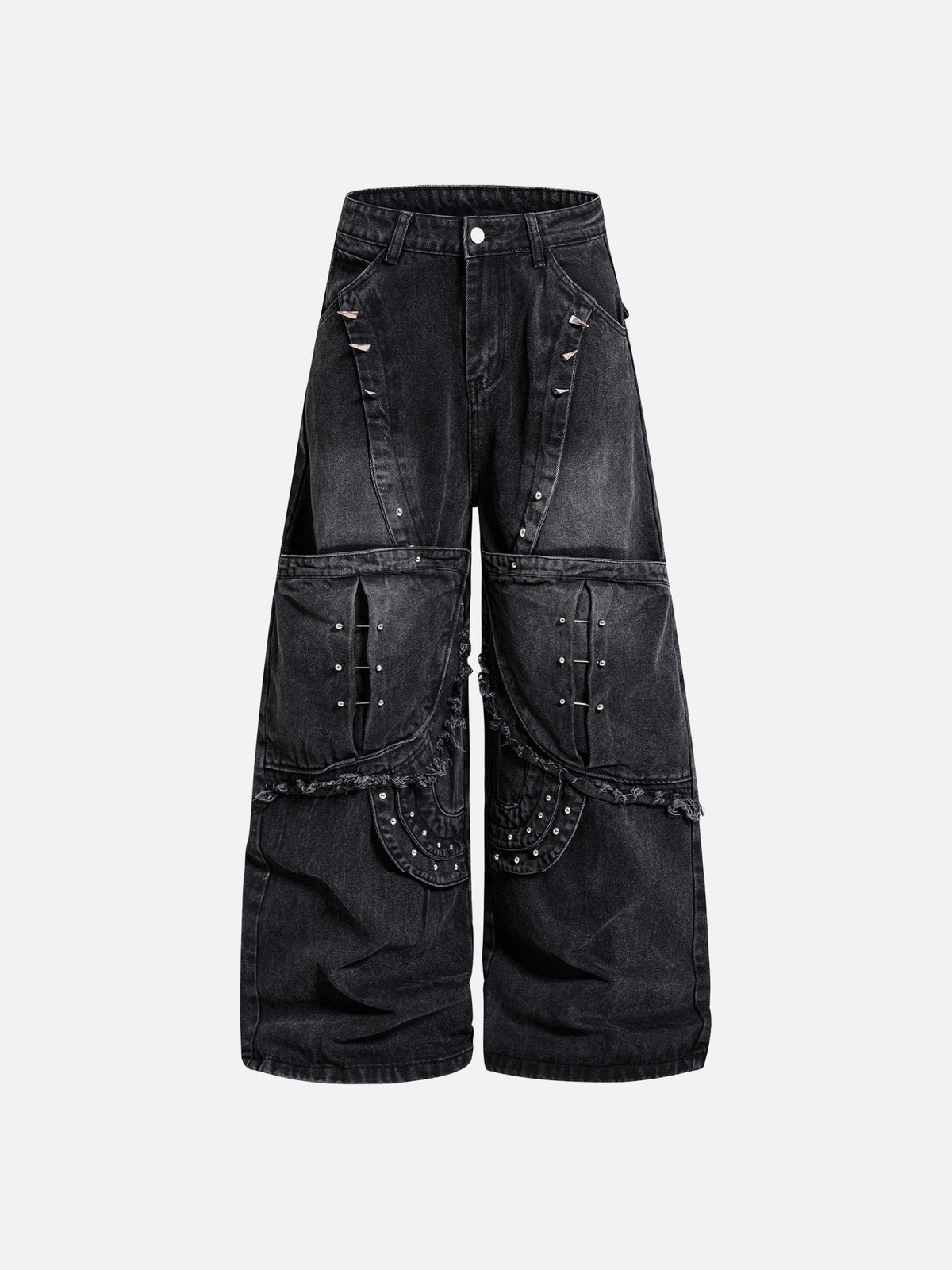 Studded Panel Washed Baggy Jeans