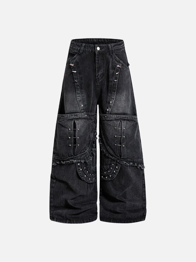 Studded Panel Washed Baggy Jeans