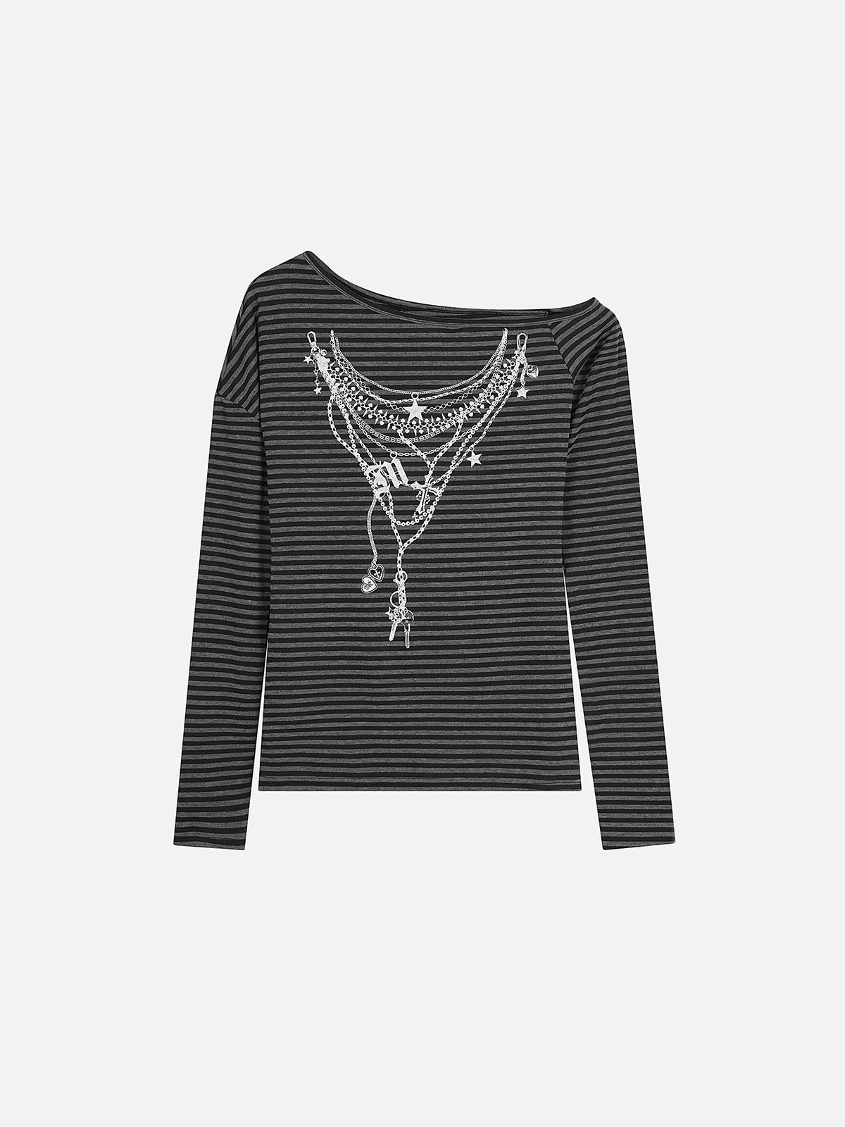 Striped Off-Shoulder Chain-Graphic Loose Long-Sleeve Top