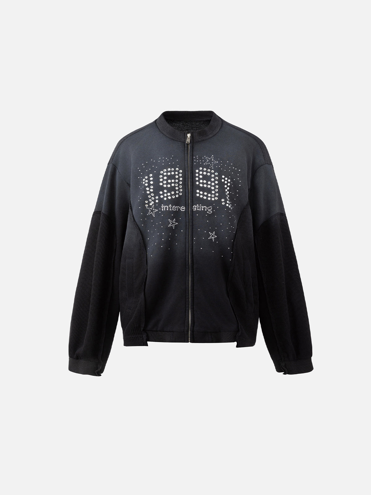 Rhinestone "1991" Rib-Knit Panelled Oversized Zip Bomber Jacket