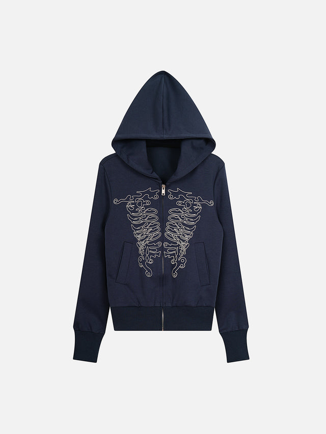 Tribal Ribcage Graphic Print Zip-Up Boxy Hoodie