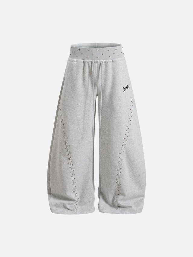 Studded Foldover-Waist Curved-Seam Baggy Sweatpants