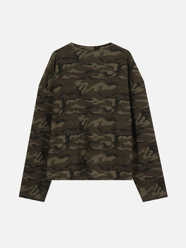 Camo Waffle-Knit Star-Embroidered Pocket Boxy Long-Sleeve T-Shirt