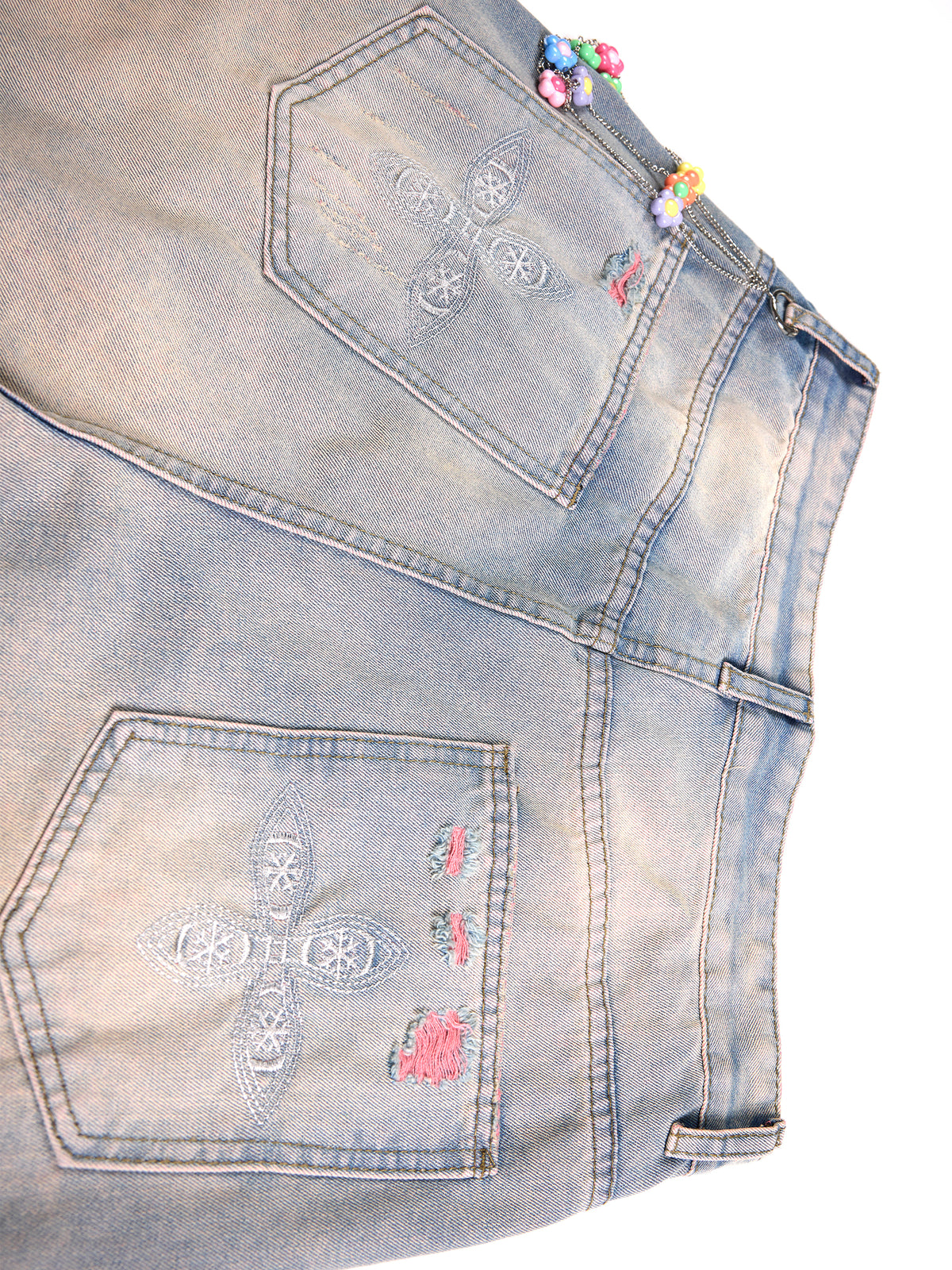 Pink Distressed Beaded Baggy Jeans