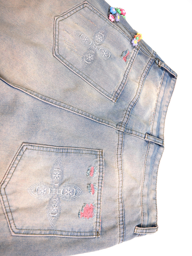 Pink Distressed Beaded Baggy Jeans