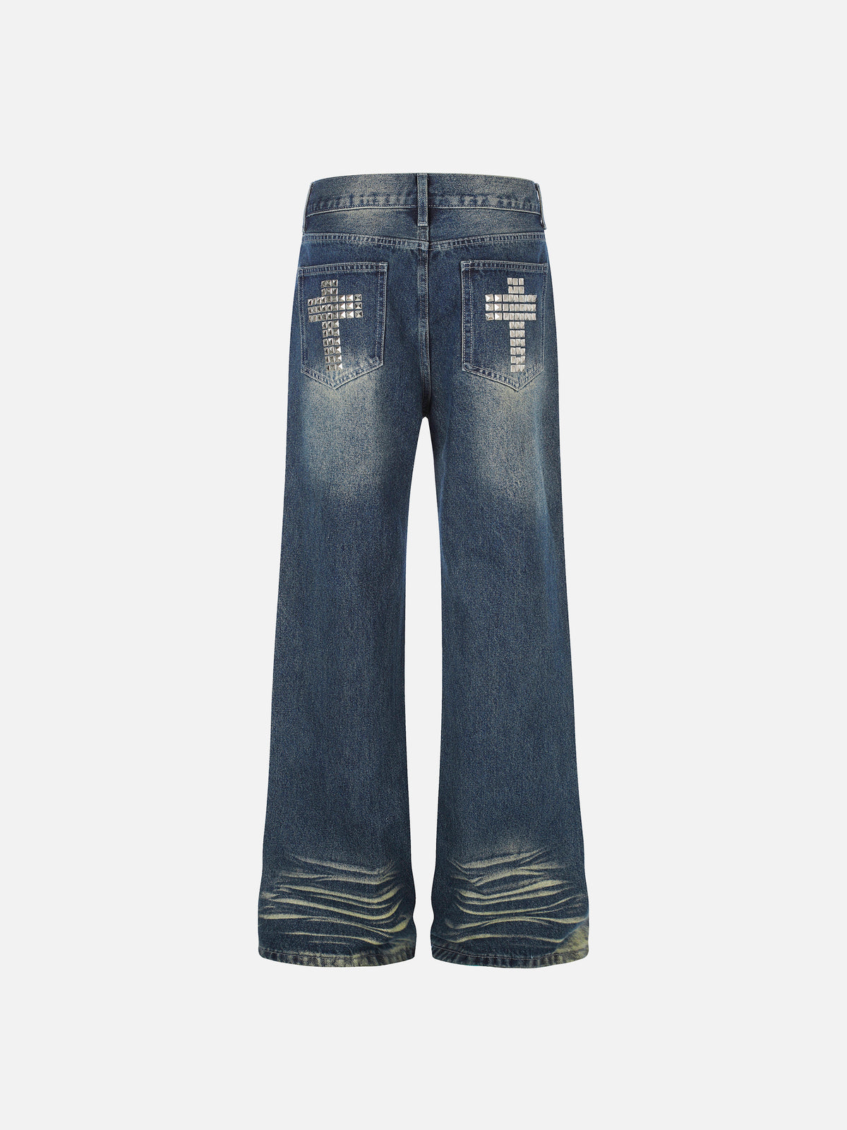 Studded-Cross Whiskered-Faded Bootcut Jeans