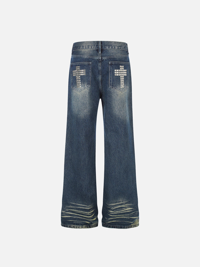 Studded-Cross Whiskered-Faded Bootcut Jeans