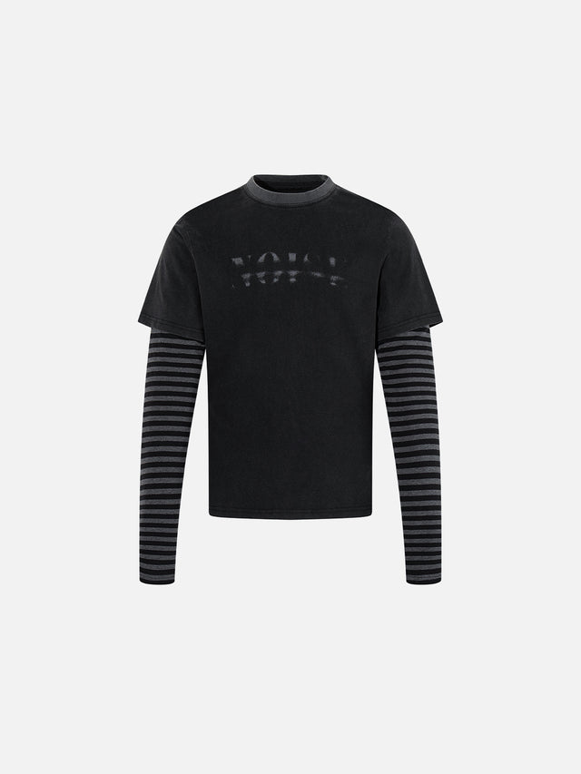 Striped Double-Layer Distressed Graphic Oversized Long-Sleeve T-Shirt