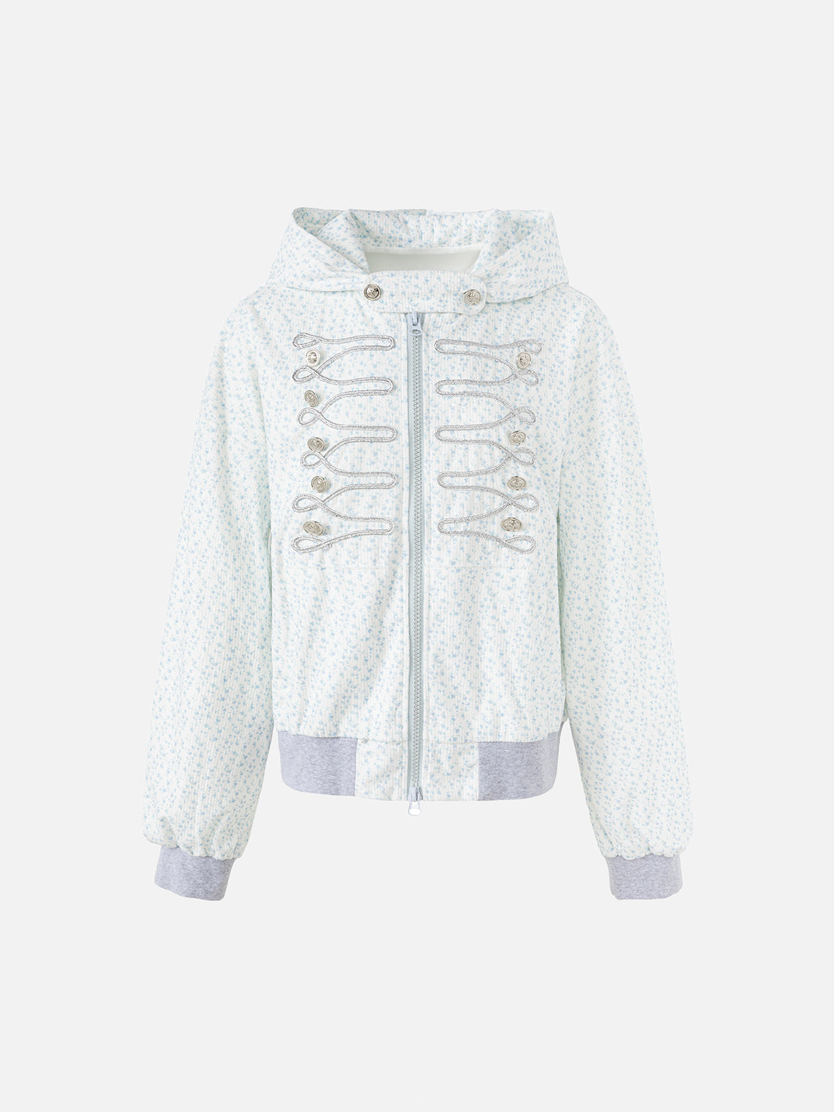 Floral Military-Braided Zip-Up Oversized Hooded Jacket