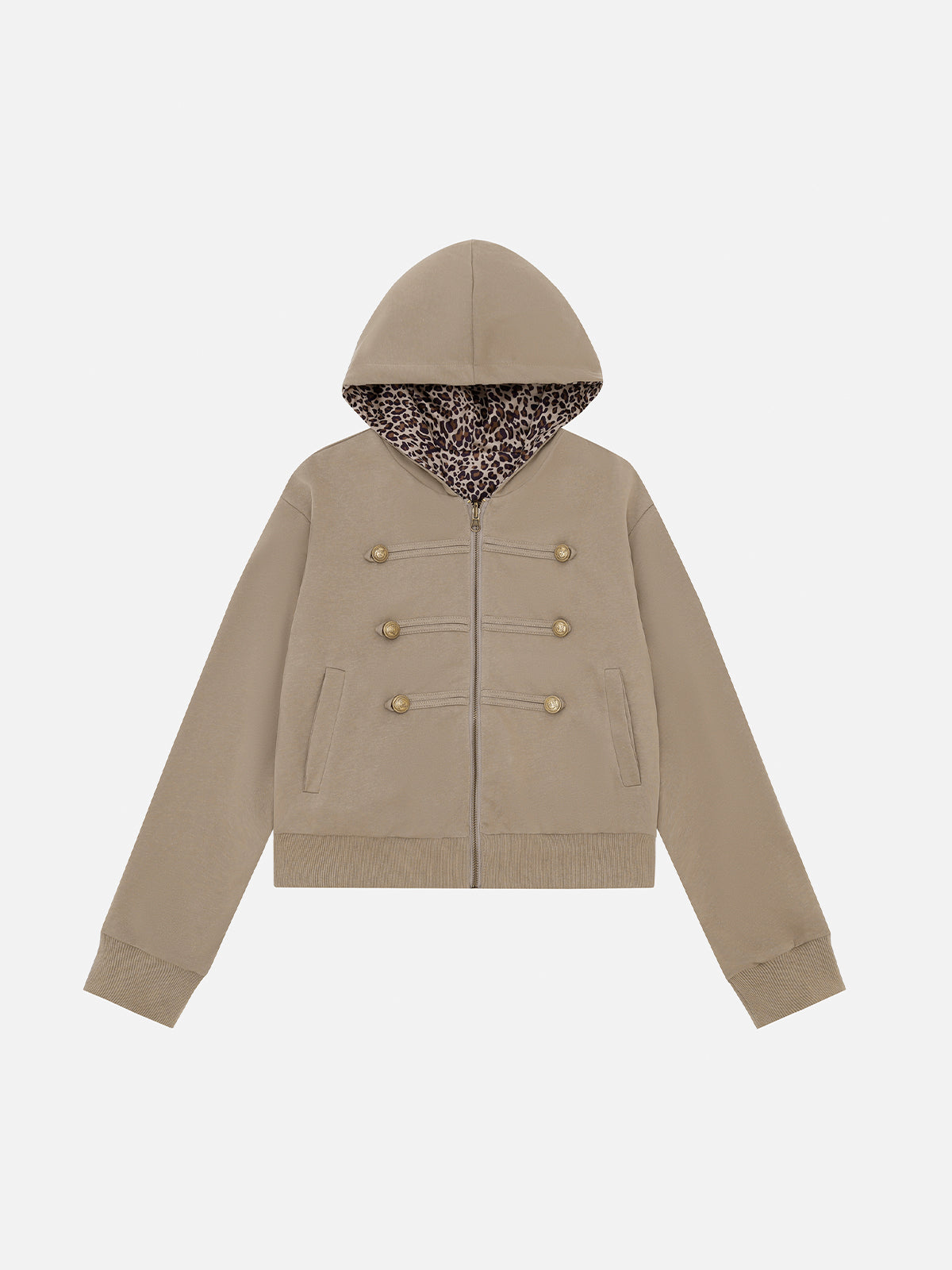 Leopard-Back Military-Button Reversible-Look Boxy Zip Hoodie