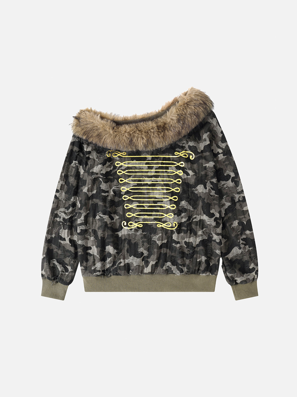 Faux-Fur Trim Distressed Camouflage Military Frog-Braiding Oversized Sweatshirt