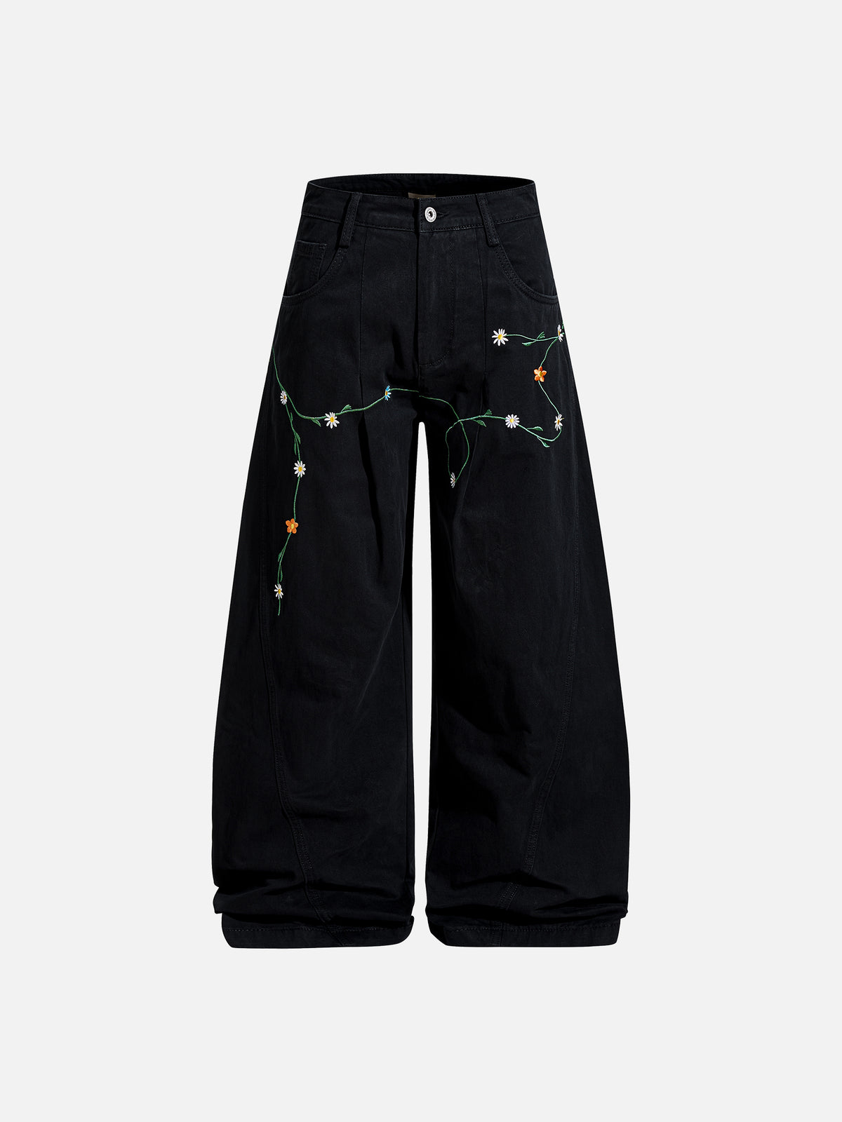 Floral-Vine Embroidered Washed Curved-Seam Baggy Pants