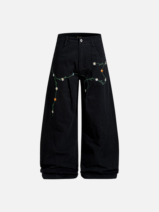 Floral-Vine Embroidered Washed Curved-Seam Baggy Pants