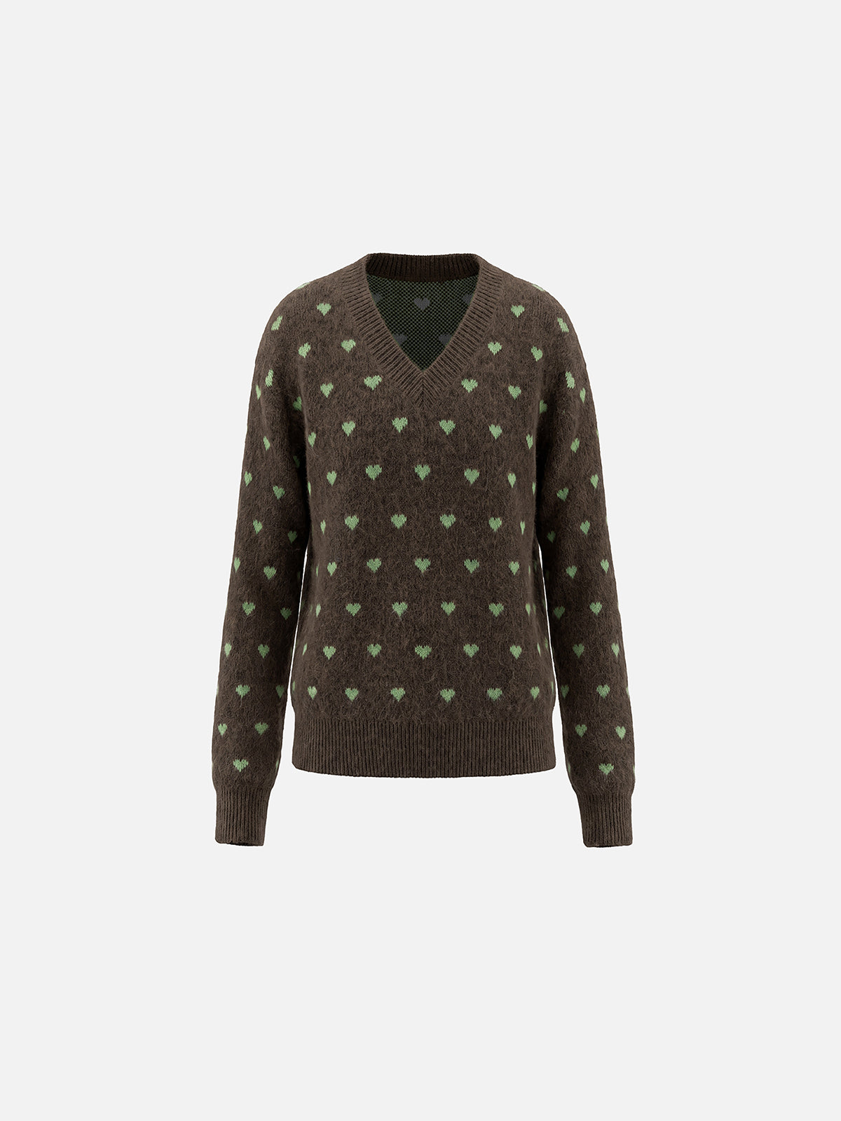 All-Over Heart Jacquard V-Neck Sweater With Matching Knit Scarf Set