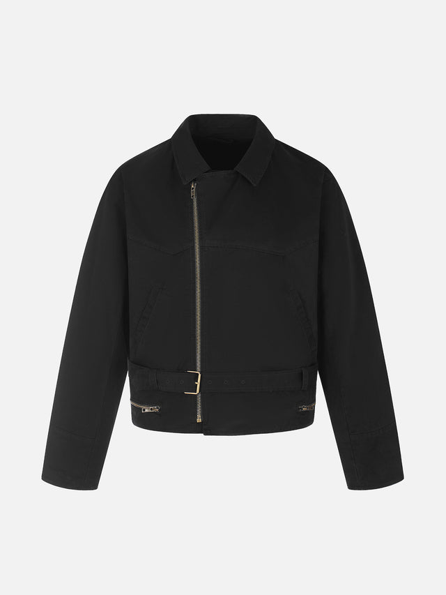 Belted Asymmetrical-Zip Boxy Biker Jacket