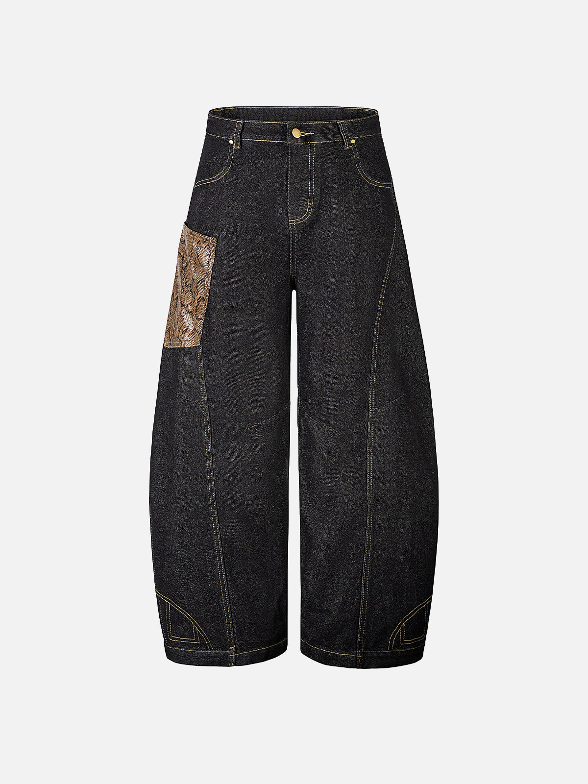 Snakeskin-Panelled Embroidered Baggy Jeans