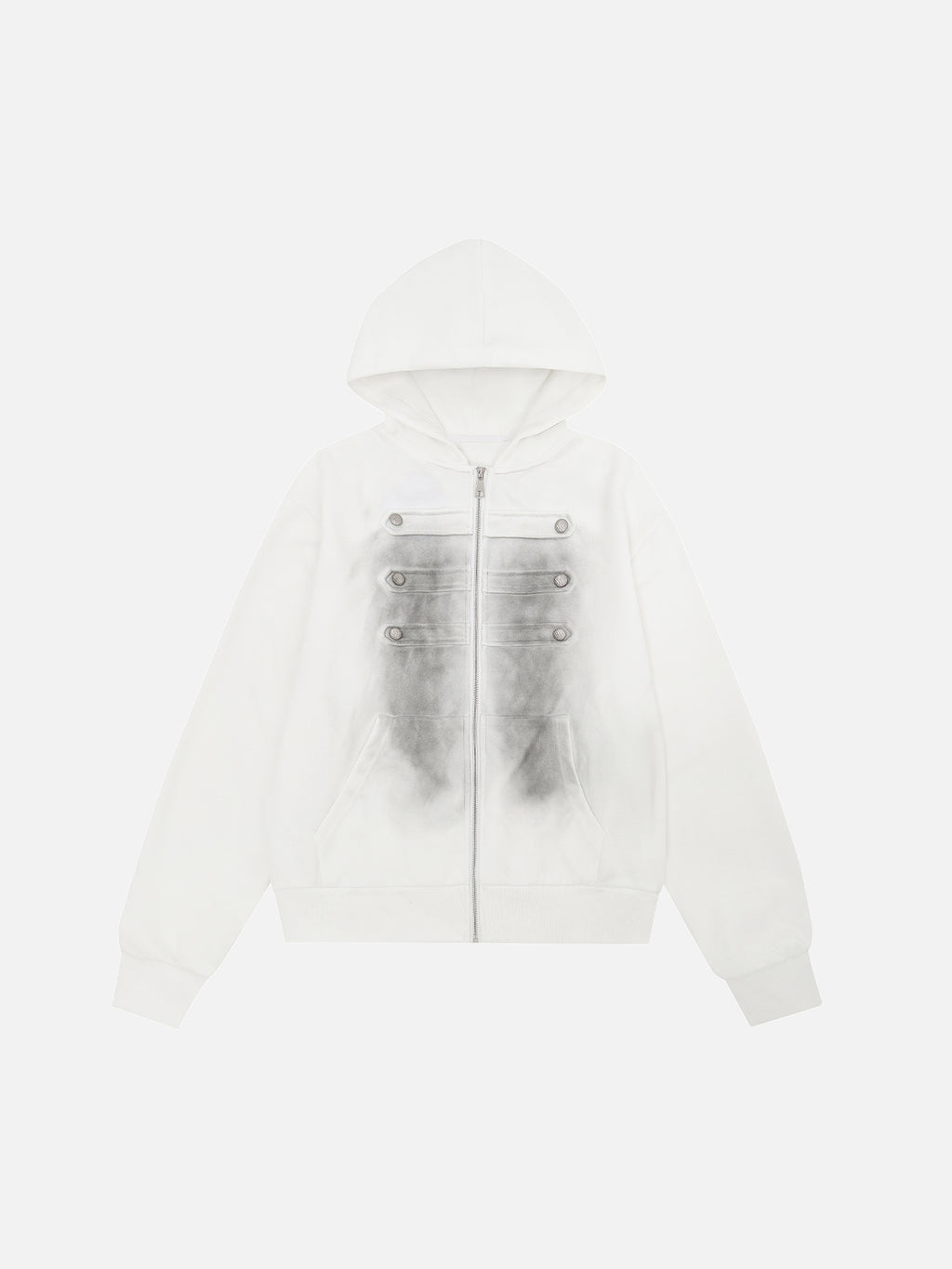 Buttoned Military-Trim Oversized Zip-Up Hoodie