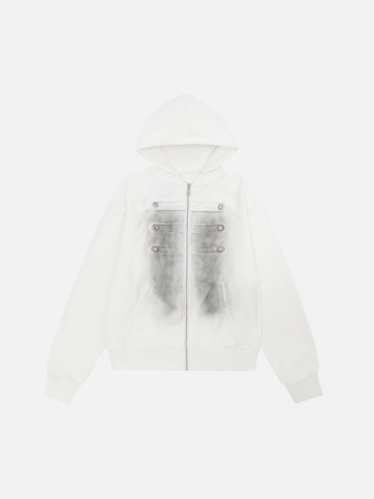 Buttoned Military-Trim Oversized Zip-Up Hoodie