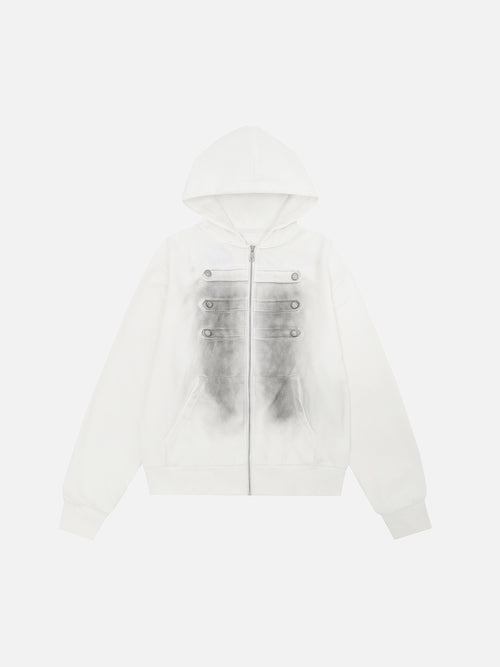 Buttoned Military-Trim Oversized Zip-Up Hoodie