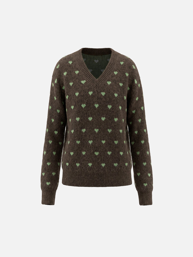 All-Over Heart Jacquard V-Neck Sweater With Matching Knit Scarf Set