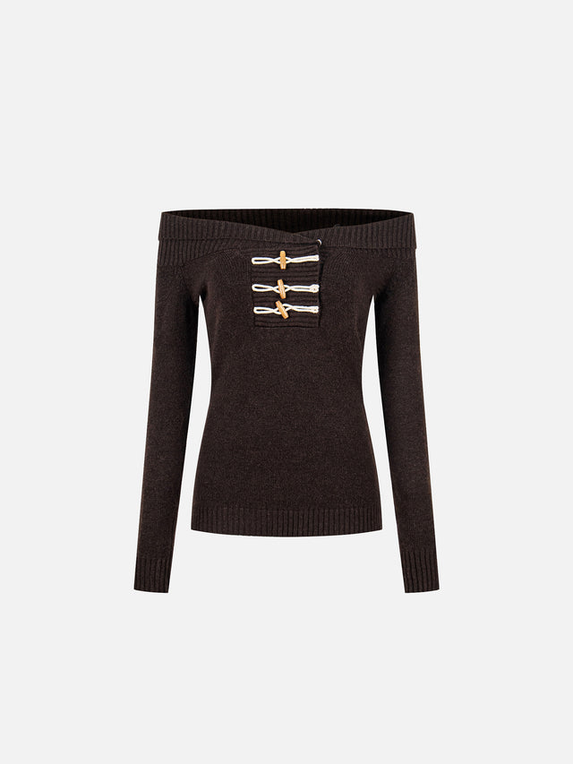 Faux-Fur-Trim Toggle Off-Shoulder Slim Knit Sweater