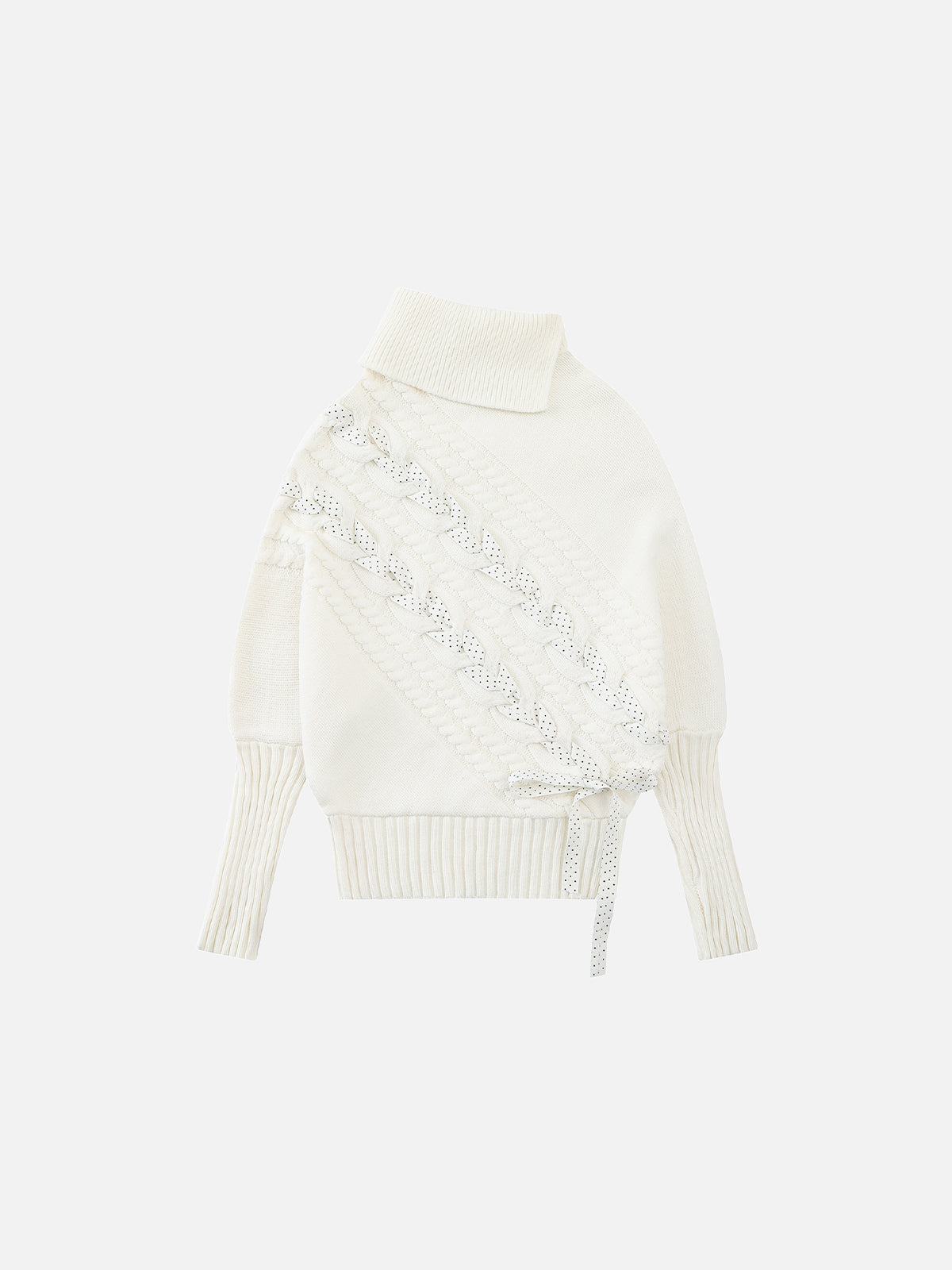 Ribbon-Woven Cable-Knit Asymmetrical Turtleneck Regular-Fit Sweater