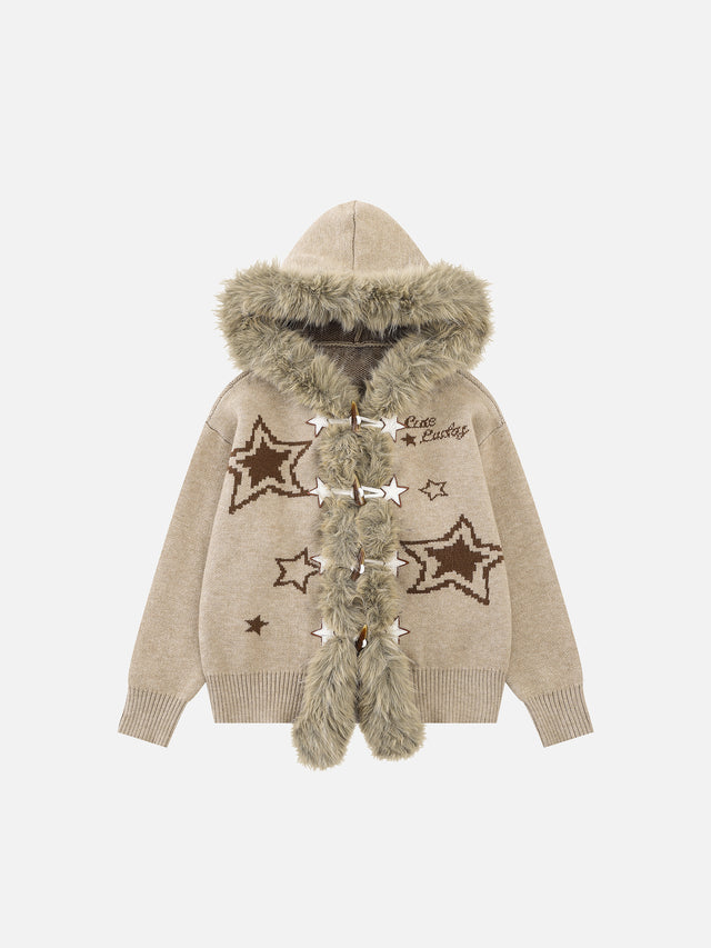 Faux-Fur-Trim Star-Jacquard Oversized Hooded Knit Cardigan