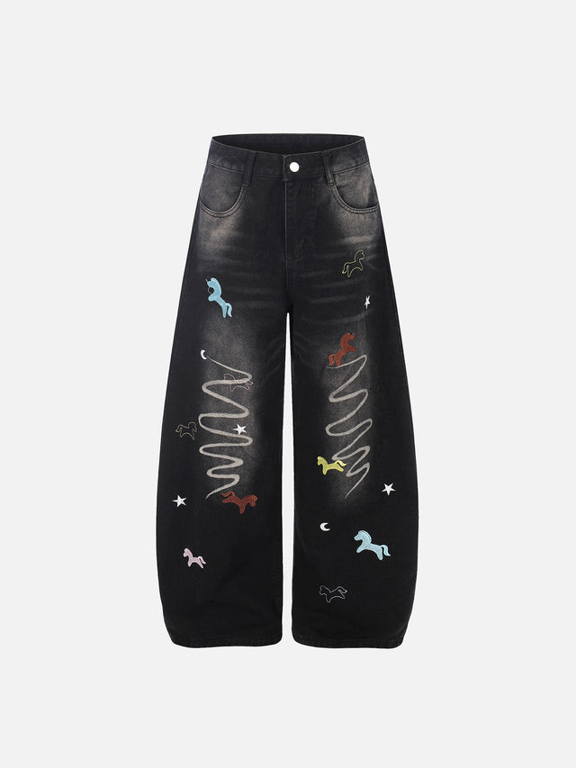 Horse-Embroidered Baggy Jeans