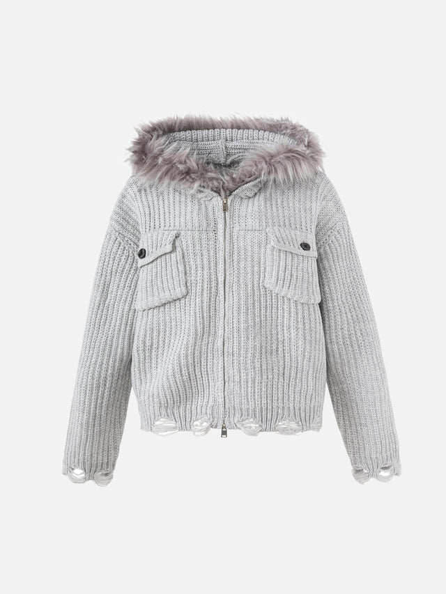Faux-Fur Trim Hooded Distressed Chunky-Knit Boxy Cardigan