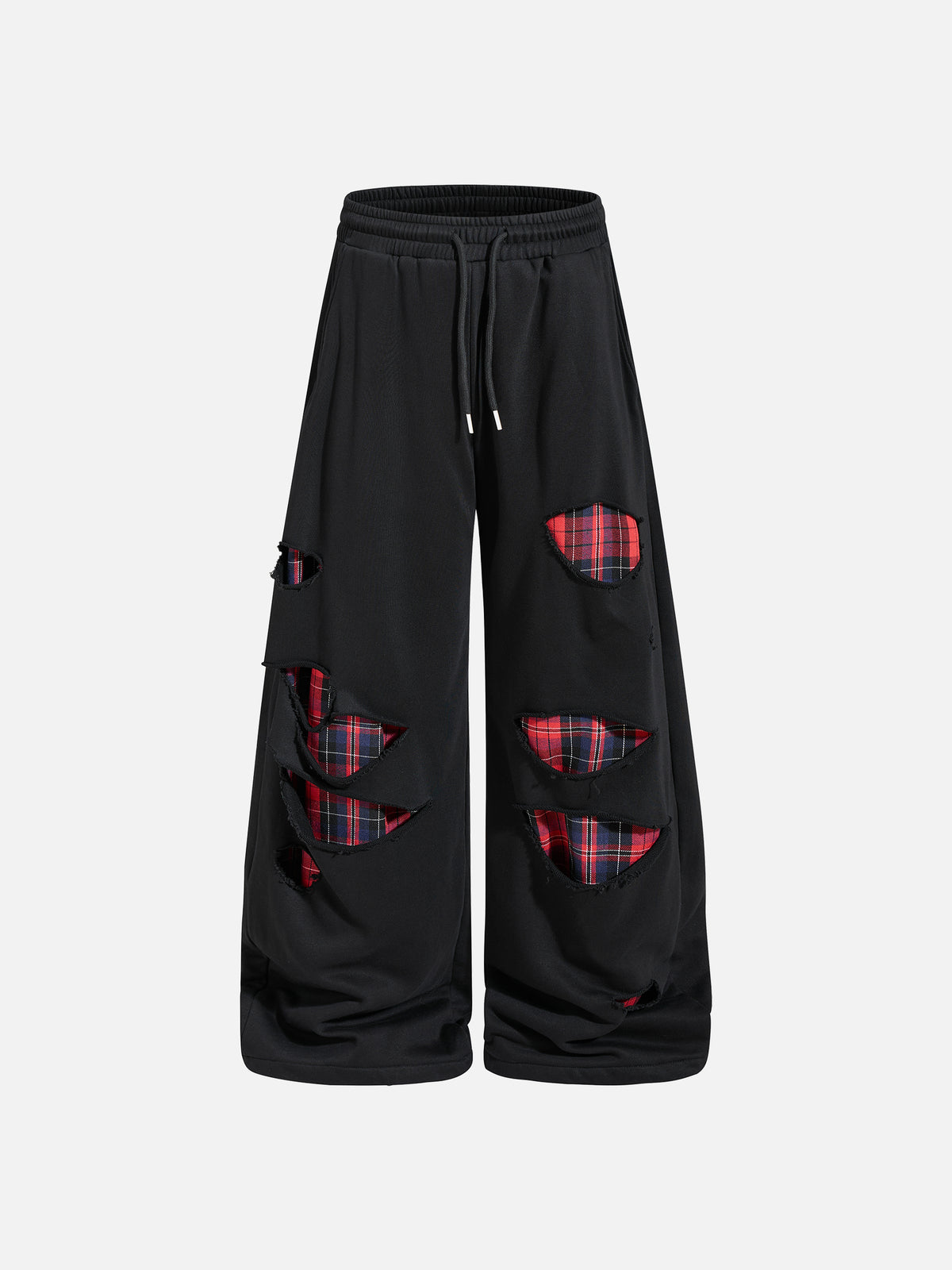 Plaid Underlay Slashed Distressed Baggy Barrel Sweatpants