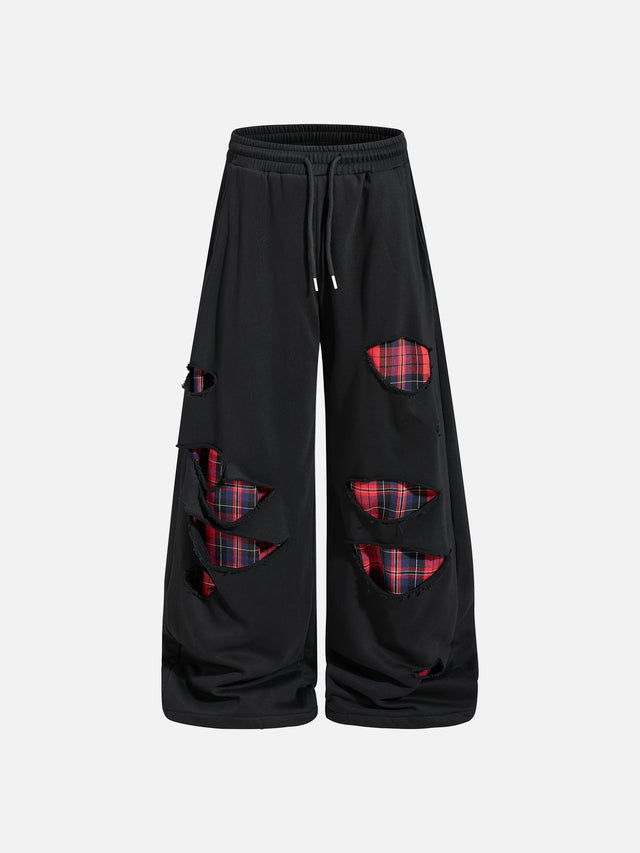 Plaid Underlay Slashed Distressed Baggy Barrel Sweatpants