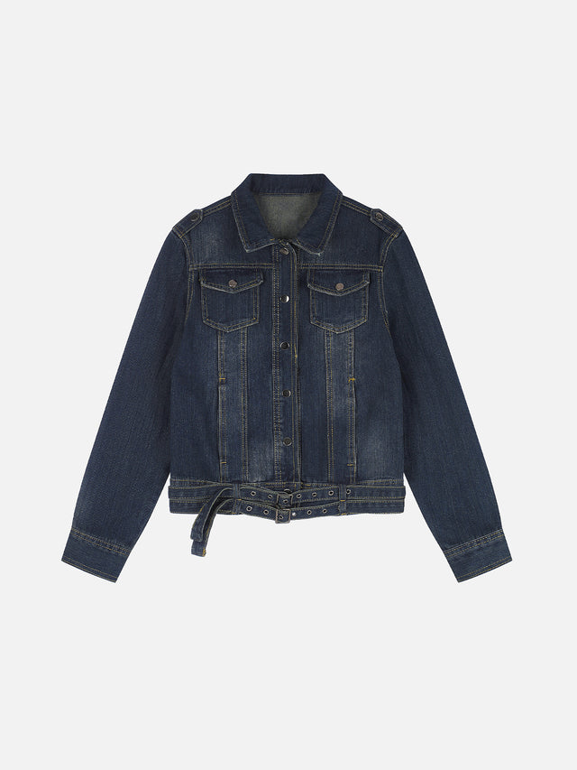 Buckled Eyelet-Belt Washed Boxy Denim Jacket