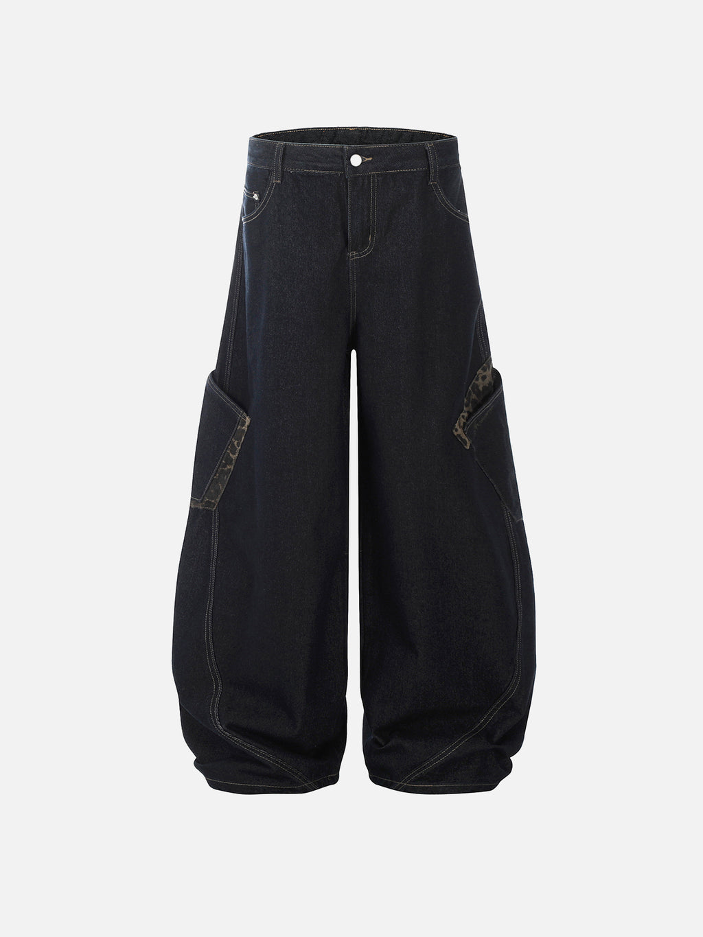 Leopard-Trim Multi-Pocket Baggy Jeans