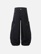 Leopard-Trim Multi-Pocket Baggy Jeans