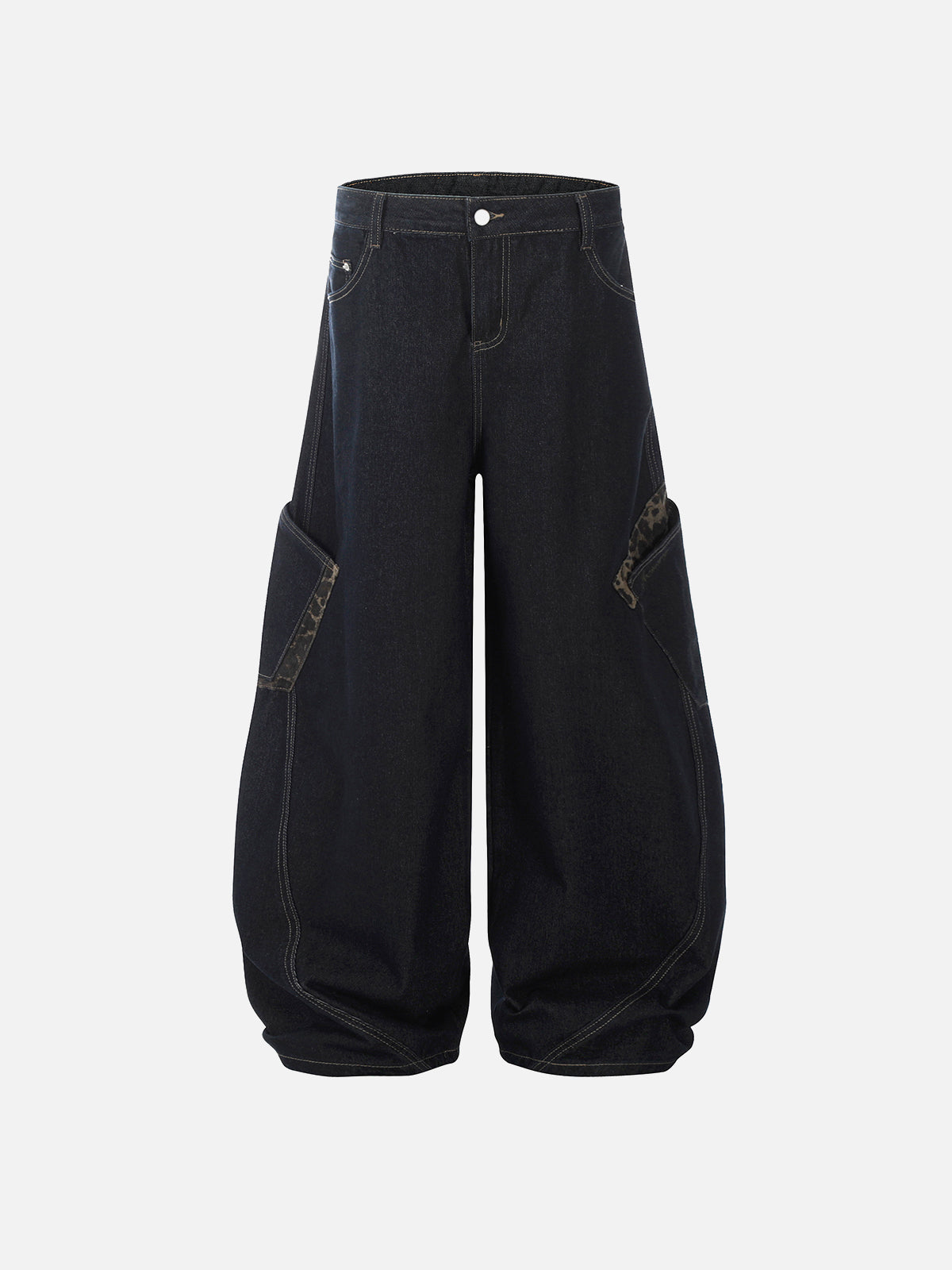 Leopard-Trim Multi-Pocket Baggy Jeans