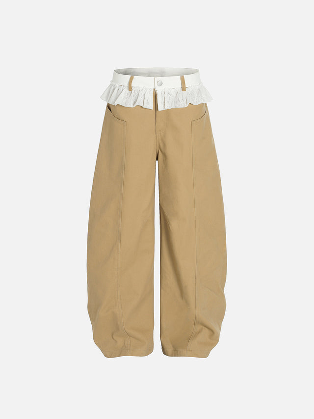 Lace Ruffle Tiered Waistband Baggy Barrel Pants
