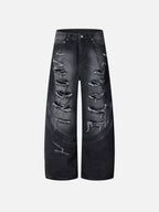 Distressed Cross-Embroidered Baggy Jeans