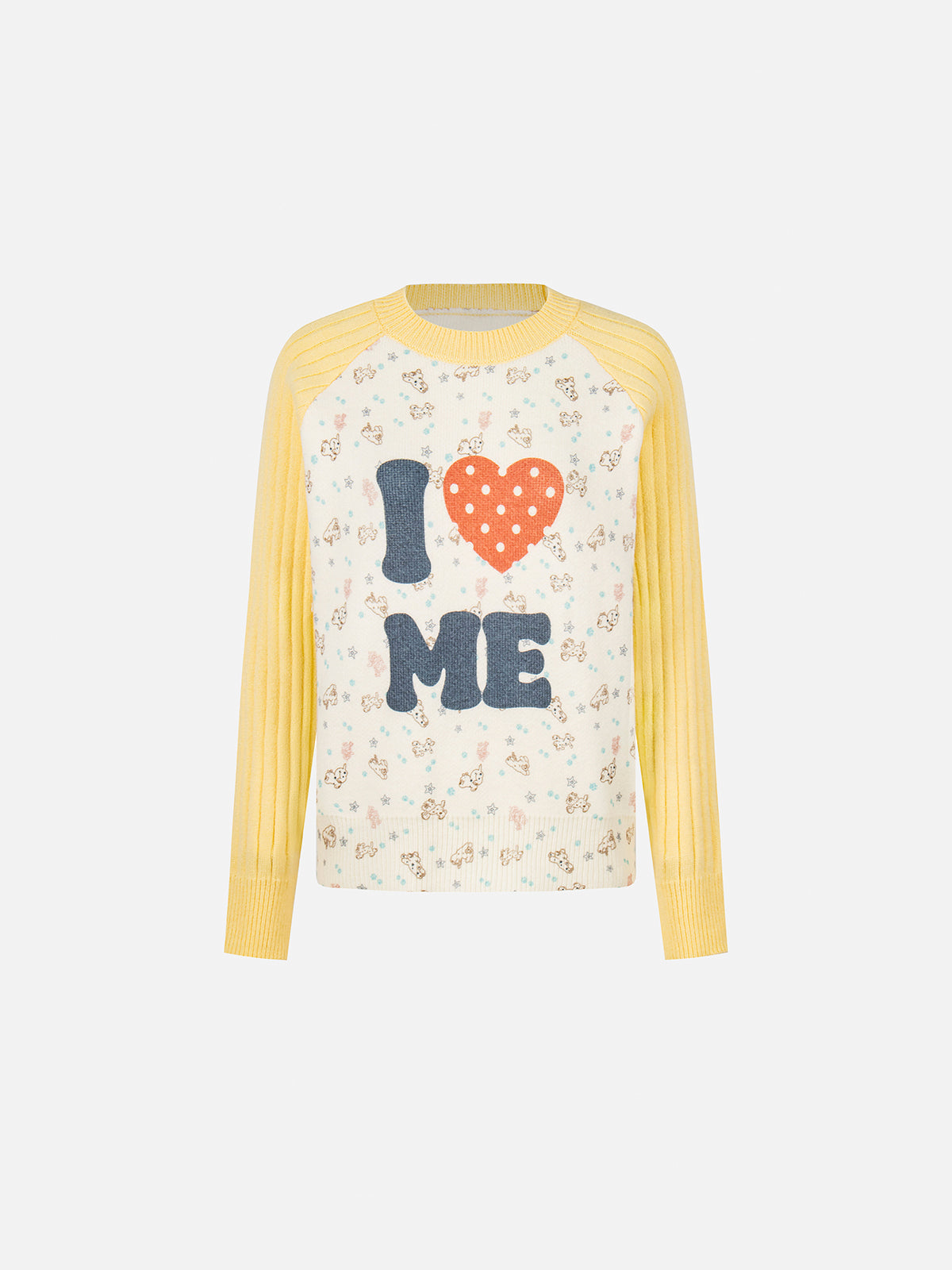 "I ♥ ME" Raglan Ribbed-Sleeve Jacquard Knit Sweater