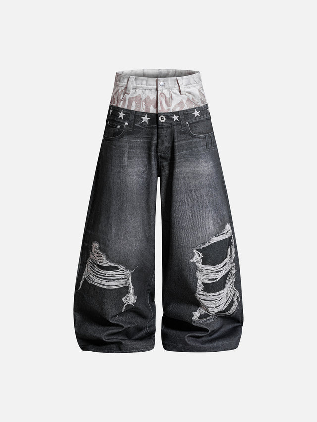 Double-Waistband Ripped Star-Print Super-Baggy Jeans
