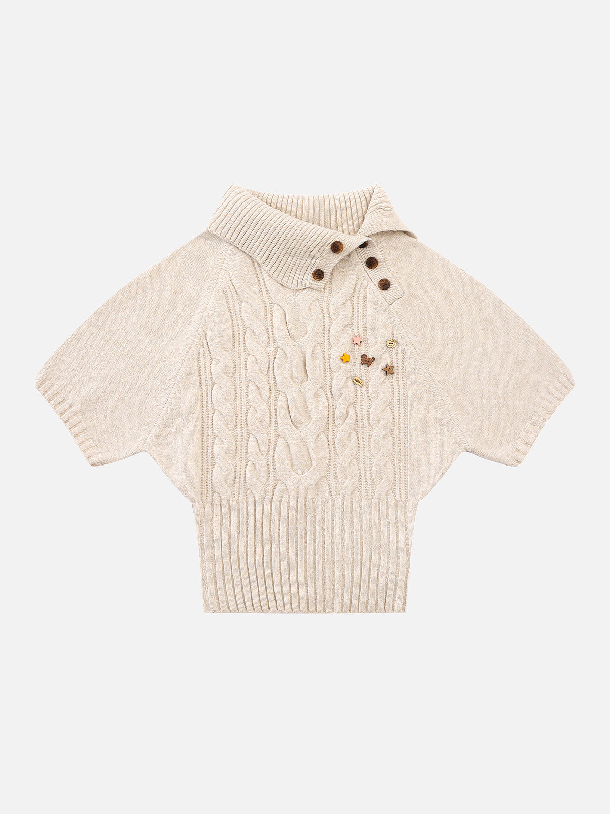 Wool-Blend Cable-Knit Asymmetrical-Collar Slim-Fit Short-Sleeve Sweater