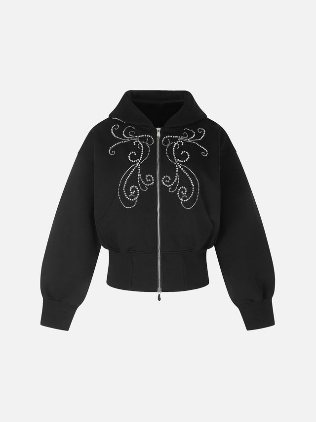 Rhinestone Tribal Butterfly Corset-Hem Boxy Zip Hoodie
