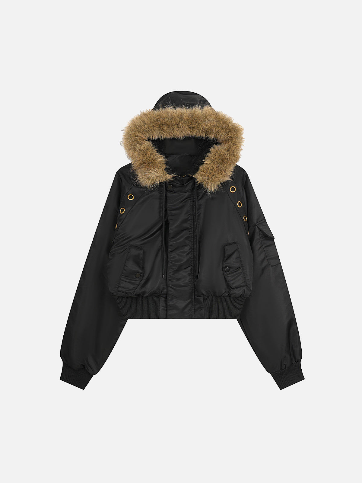 Faux-Fur Hood Eyelet-Accented Boxy Bomber Jacket