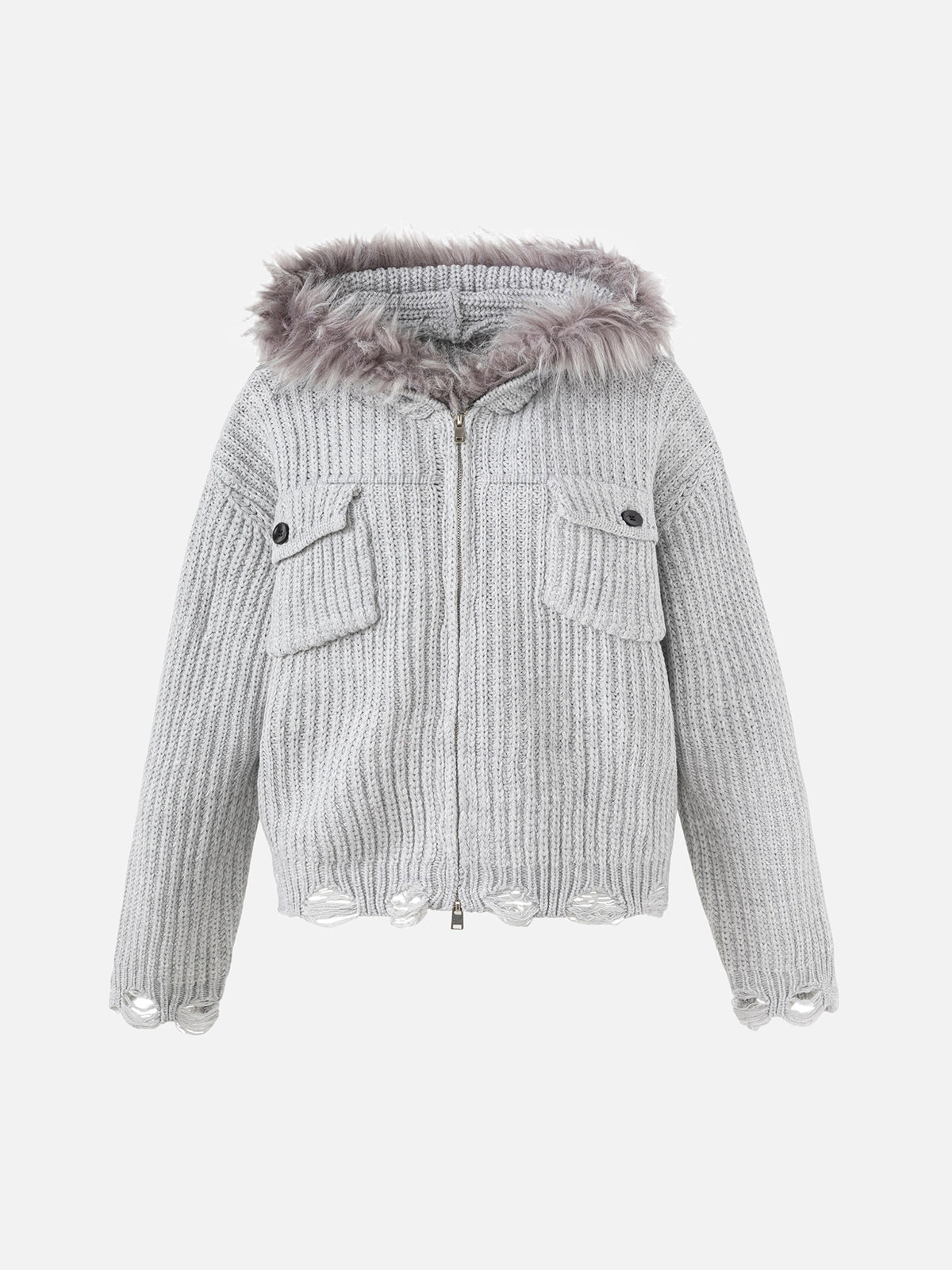 Faux-Fur Trim Hooded Distressed Chunky-Knit Boxy Cardigan