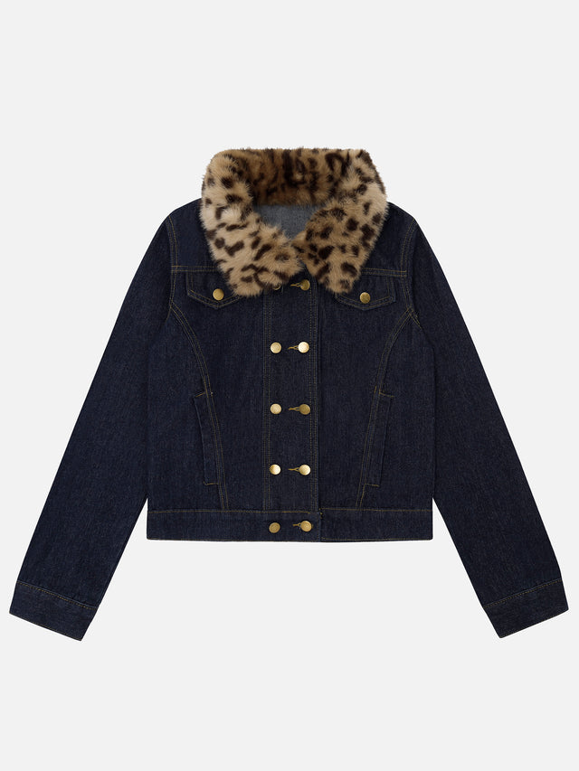 Double-Breasted Faux-Fur Collar Boxy Denim Jacket