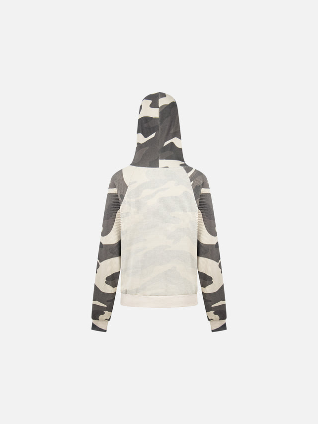 Camo-Panelled Mesh-Overlay Boxy Zip-Up Hoodie