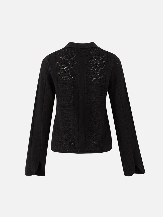 Cat-Jacquard Open-Knit Slim Zip Cardigan