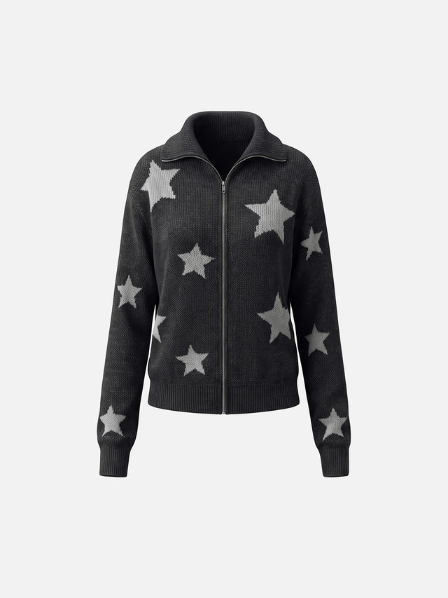 All-Over Star Jacquard Spread Collar Boxy Knit Cardigan