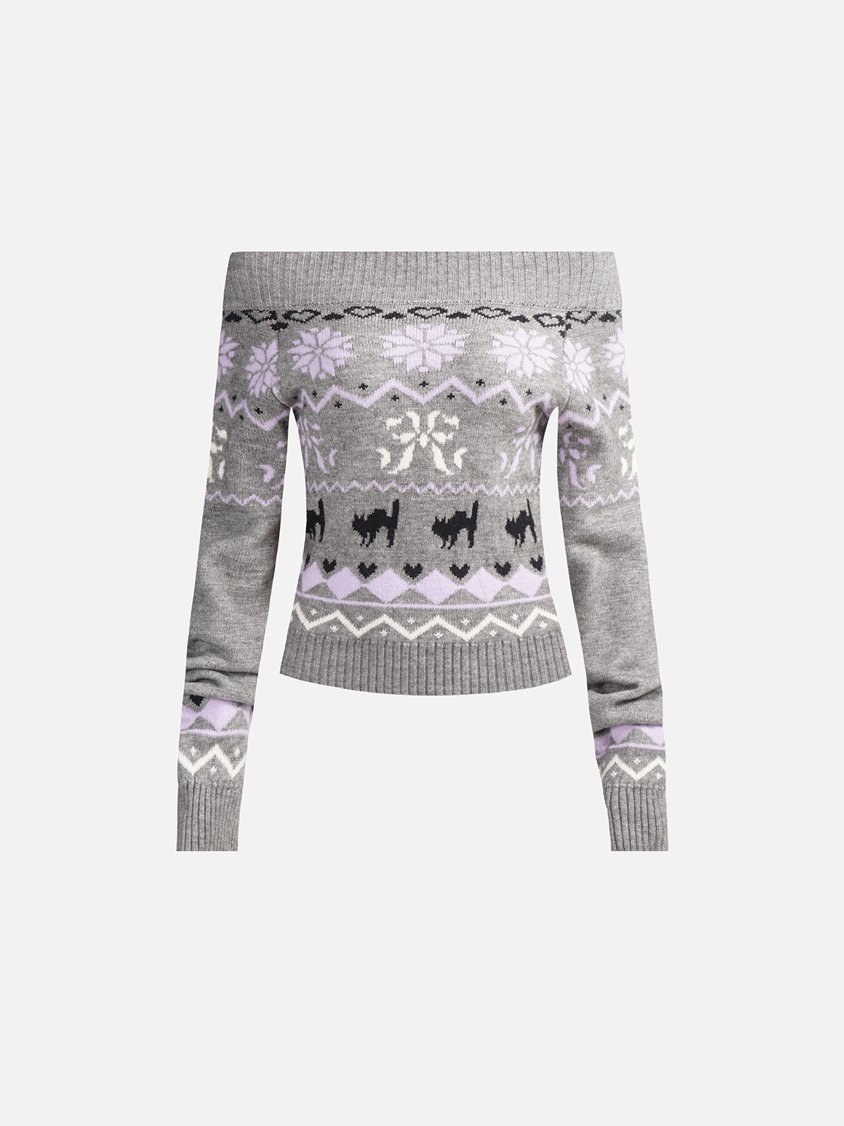 Cat & Snowflake Fair Isle Off-Shoulder Slim Knit Sweater