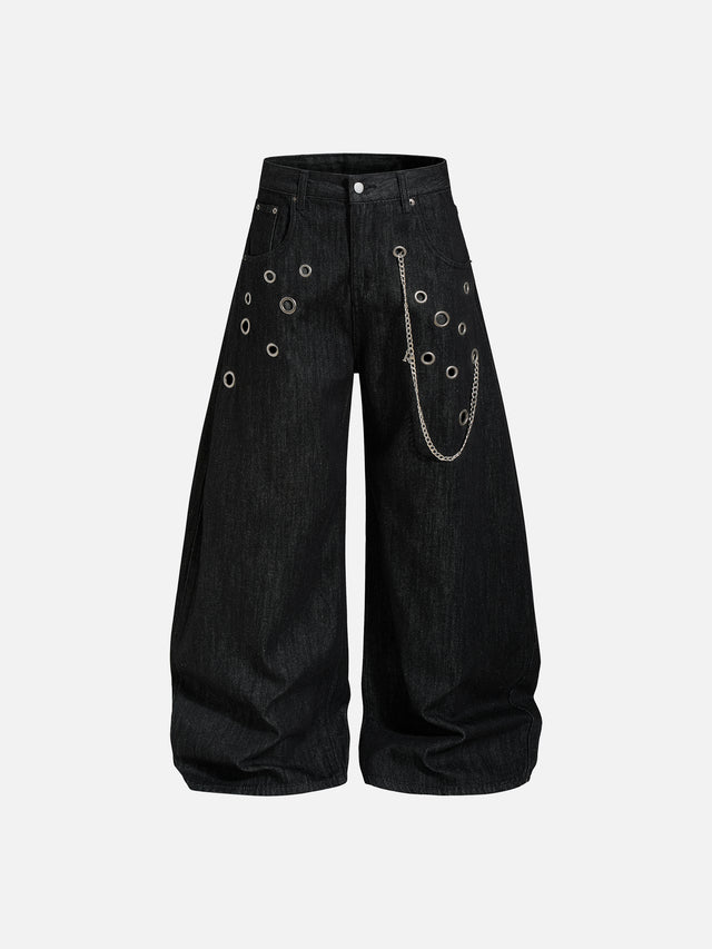 Eyelet-Embellished Chain Detail Baggy Jeans