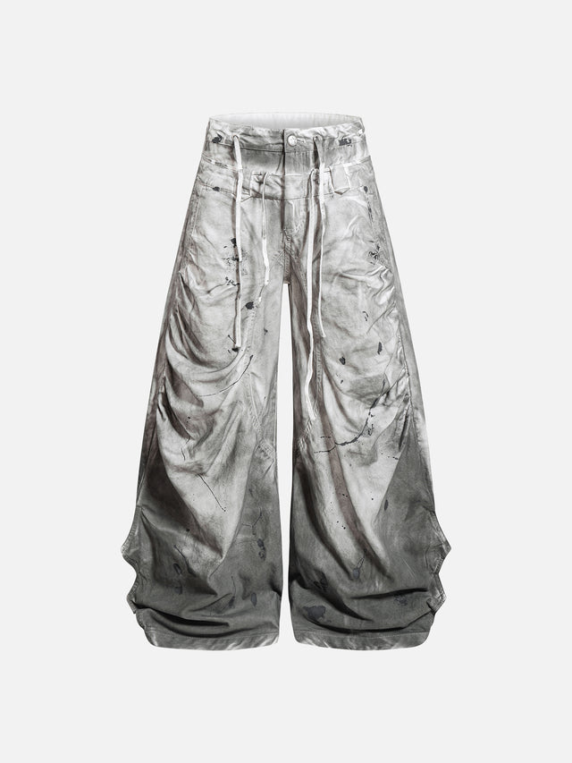 Acid-Washed Splatter-Print Double-Waistband Super Baggy Pants